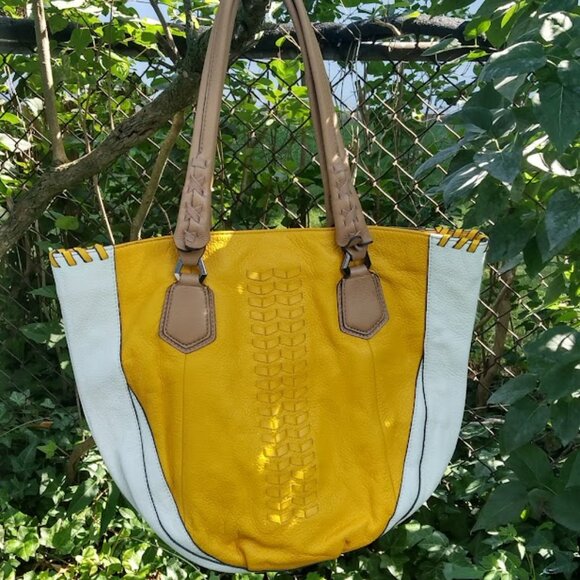 OrYANY Large Pebbled Leather Tote Bag Lyssie Whipstitch Yellow/Cream *FLAWS* - Picture 1 of 15